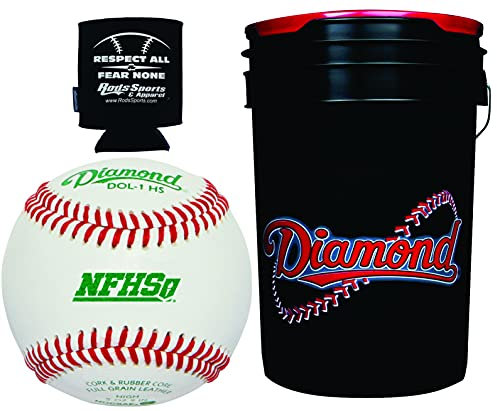 Diamond Sports DOL-1 HS | 30 High School Baseballs aus Leder mit 1,8 l Ball Eimer und Stäben isolierter Dosenmanschette
