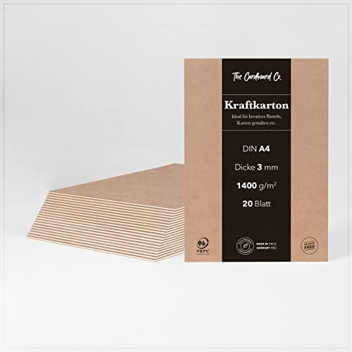 Kraftkarton, 3 mm (1400 g/m²), DIN A4 (210 x 297 mm), 20 Blatt, Kraftpapier für kreatives Basteln, Karten, etc., naturbraun