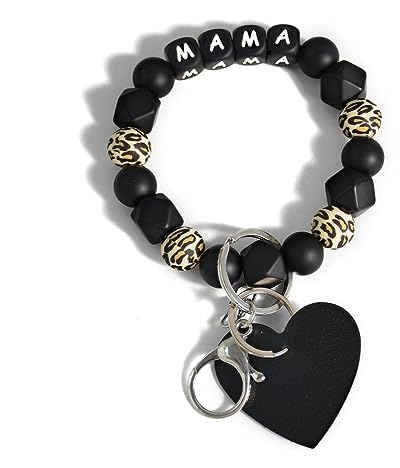 Lantintop Silicone Key Ring Bracelet Women Beaded Portable Wrislet Mama Keychain withTassels Hanging House Car Keys Rings