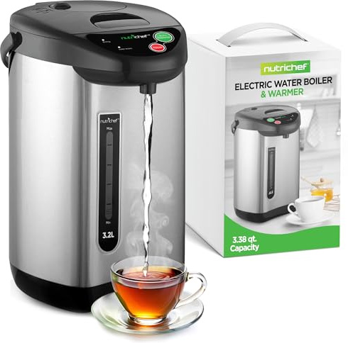 NutriChef Hot Water Urn Pot 3.38 QT, Insulated Stainless Steel Hot Water Dispenser & Boiler, Auto & Manual Dispense, Safety Lock, Electric Kettle