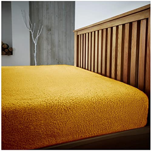 Teddy Bear Fleece King Size Fitted Sheet – Super Soft, Warm & Cosy Fluffy Plain Bedding, Bedsheet for Winter - Ochre