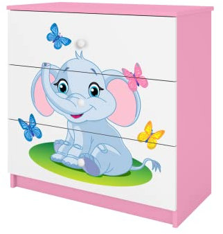 Générique Commode BABYDREAM - Eléphant - en Panneaux de Particules 81x41x80,5 cm, 3 tiroirs, Couleur Rose Poudré