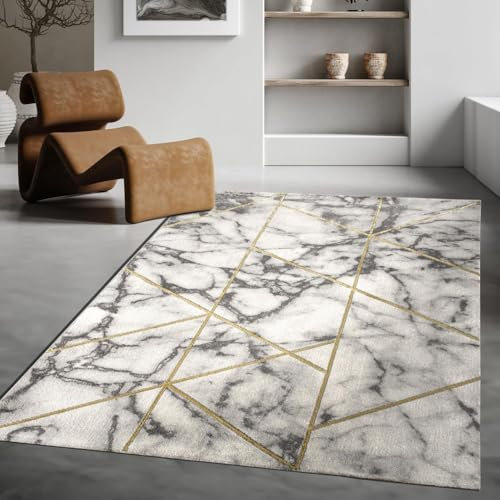 TT Home Wohnzimmer Teppich Kurzflor Wohnzimmerteppich 3D Optik Modern Marmor Design, Farbe:Gold 4, Größe:160x230 cm