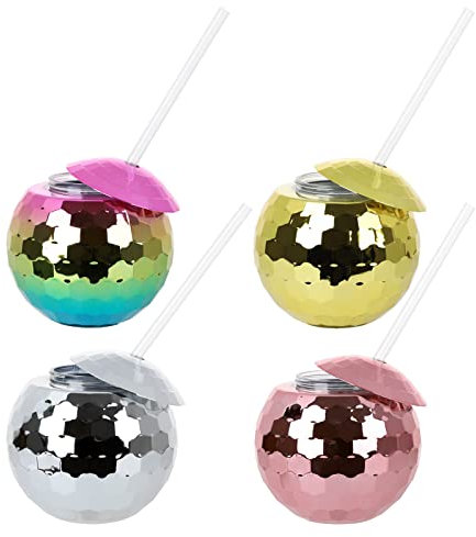 SUREH 4 Stück Disco-Ballbecher mit Deckel und Strohhalm, 590 ml, Becher für Disco-Flash-Ball, bunte kugelförmige Cocktailbecher Nachtclub, Disco, Bar, Partyzubehör, Sortiert, Roségold, Gold, Silber