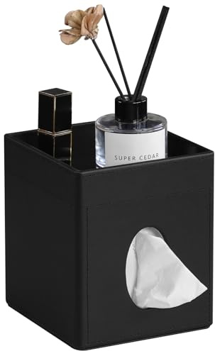Cretkhp Tissue Box Cover, PU Leather Square Tissue Box Holder with Storage Tray for Bathroom Vanity Countertop Night Stands Bedroom Office Desk, Stylish Tissue Holder Decorative Organizer (Black)
