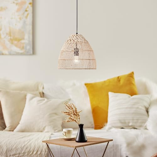 Lightbox Hängelampe - Pendelleuchte im Natural Stil mit kürzbarem Kabel - 120 cm Höhe - Ø 35 cm - E27 Fassung - max. 25 W - aus Rattan/Metall - in Naturfarben/Weiß