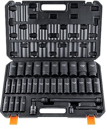 VEVOR 1/2 Zoll Steckschlüsselsatz CR-V-legierter Stahl 34-tlg Steckschlüssel Satz 8-36 mm Tiefe Stecknüsse Schlagschrauber, HRC 42-48 Steckschlüssel inkl Werkzeugkoffer, Metrisch Schraubenausdreher