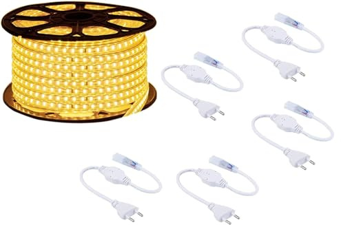 AntDau71 - Bobina de tira LED luminosa 100 metros luz blanca cálida 5050 220V flexible para interior y exterior + 5 enchufes CW825