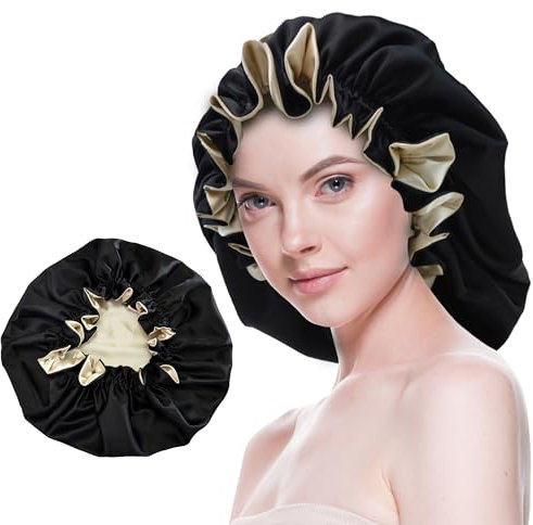 Beutyme Cuffia in seta per dormire, in raso, a doppio strato, reversibile, per donne, capelli lunghi e ricci, colore nero