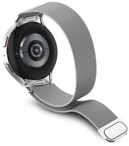 Hinnwer 20mm Correa Metal para Samsung Galaxy Watch FE/Galaxy Watch 7/6/5/4 40mm 44mm/Watch 6 Classic Un Click Pulsera de Magnético de Acero Inoxidable para Galaxy Watch 5 Pro Plateado
