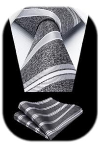 HISDERN Grau Herren Krawatte Formell Streifen Krawatte mit Einstecktuch Set Hochzeit Krawatten and Taschentuch