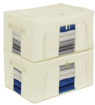 Womanht 2 Pack Closet Organizers and Storage, Closet Storage Bin-Khaki 24L | Sturdy steel‑frame oxford fabric. Foldable & stackable bin, keeps wardrobe textiles well‑organised with viewing window
