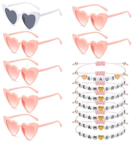 Meleager Herz Sonnenbrille, 7 Partybrille JGA und 7 Team Bride Armbänder, Sonnenbrille Hochzeit, Bride to Be Armbänder, Heart Sunglasses Set, JGA Accessoires Frauen (Rosa)