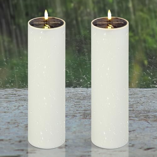Yeelida Solarbetriebene wasserdichte flammenlose flackernde 10cm x 35cm große LED-Kerzen, batteriebetriebener Elfenbein Kunststoff hoch Packung mit 2 Kerzen für den Außeneinsatz
