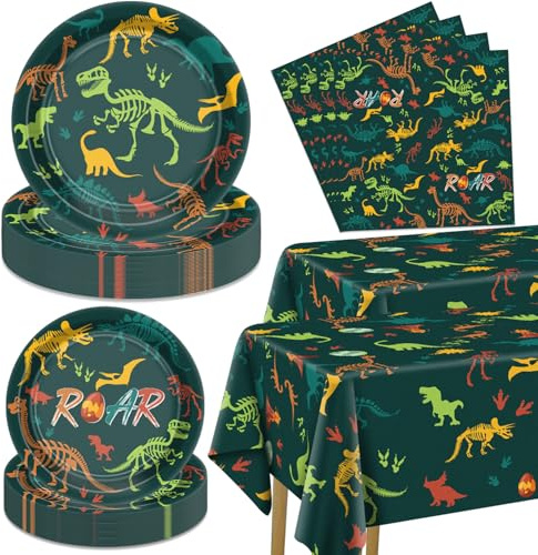 XJLANTTE 122 Pcs Dinosaur Birthday Decorations - Including Plates, Napkins, Tablecloths for Boys Kids Dinosaur Birthday Supplies, Serves 40 Guests