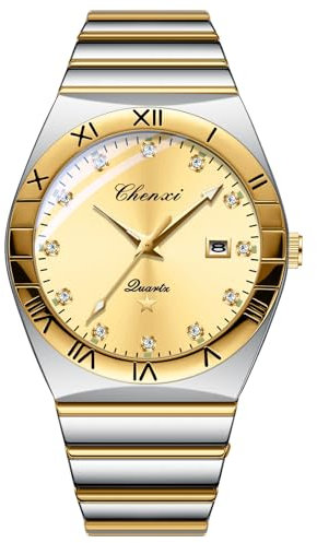 JewelryWe Herrenuhr Edelstahl Leuchtende Uhren: 30m Wasserdicht Kalender Analog Quarz Armbanduhr Herren Gold/Silber Edelstahlarmband Uhr mit Römischen Ziffern Strassskala & Gold rundem Zifferblatt