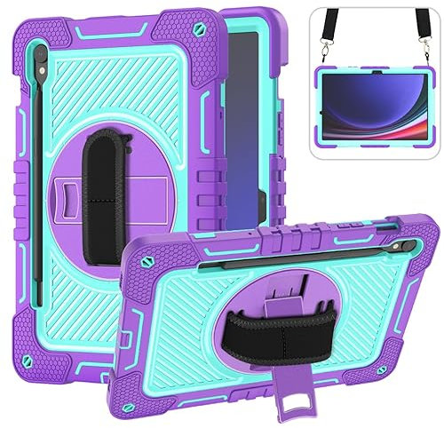 ERDARARIPRO Tablet Case for Samsung Galaxy Tab S9 FE/S9 11 inch, Cute Cartoon Shockproof Cover with 360° Rotating Stand and Wrist Strap, Shoulder Strap Purple&Mint Green