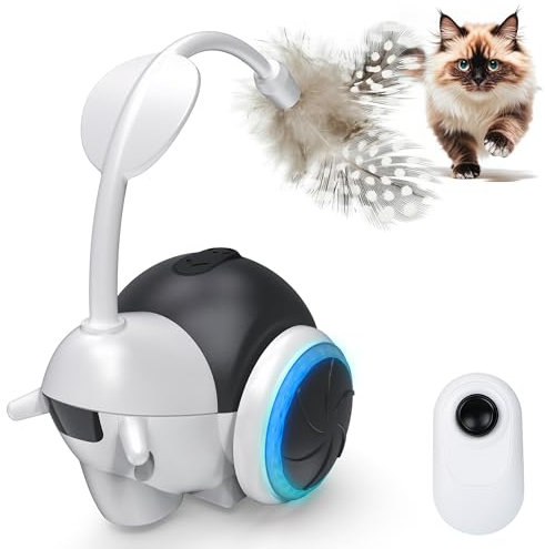 IOKHEIRA Interactive Cat Toys for Indoor Cats, USB Rechargeable, Smart Feather Toys, Automatic Moving, Remote Control with Two Speed Settings