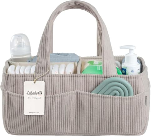 PUTSKA Baby Nappy Caddy Organiser, Corduroy Nursery Basket, Grey