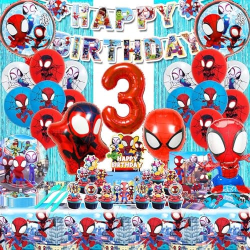 HTTMTTS Spiderma Geburtstagsdeko 3 Jahre, 87 Stück Spiderma Geburtstag Partygeschirr Set, Spiderm Luftballon, Tortendeko, Tischdecke, Teller, Lametta Vorhang, Banner, Spiderm Deko Geburtstag Kinder