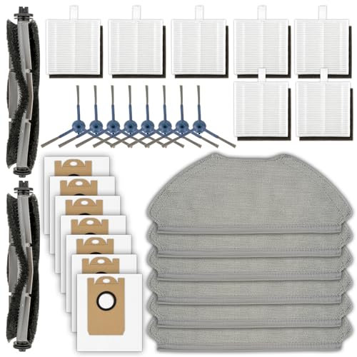 (30 pièces) T20+ Pièces de rechange compatibles avec l'aspirateur robot Airrobo T20+, 2 brosses rotatives, 8 brosses latérales, 7 sacs à poussière, 7 filtres HEPA, 6 serpillères, kit d'accessoires