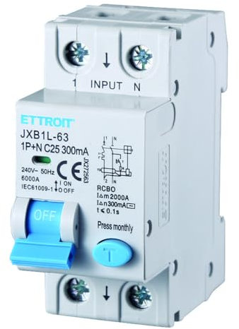 Interruttore magnetotermico differenziale salvavita, 1P+N, occupa 2 moduli DIN, 220V 230V, 25A C25, 300mA, 6KA 6000A, RCBO
