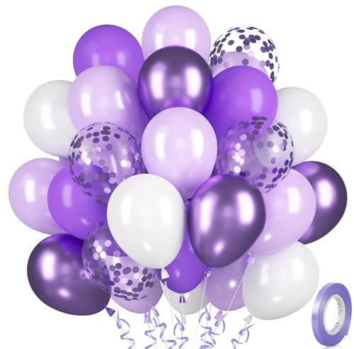 Globos Morados, 30 Globos Morados Macarrón Mate Violeta, Globo Helio Blanco Confeti Morado Lavanda Metálico para Niñas, Mujeres, Cumpleaños, Bodas, Graduaciones, Compromisos, Princesas, Baby Shower