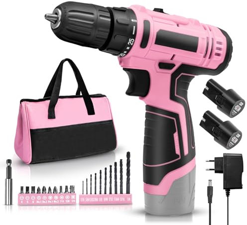 Tournevis Électrique 12V Rose - Perceuse Visseuse Devisseuse Sans Fil avec Ensemble d'Outils - Boite a Outils Complete,1400rpm, 21 PCS Forets, pour Bricolage, Entretien Domestique ﻿ (2 Batteries)
