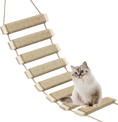 Multifunktionale Katzenleiter & Klettergerüst – DIY Holzbrücke mit Sisalseil für Indoor/Outdoor Katzen, Papageien und kleine Haustiere (Holzton, 50 cm)