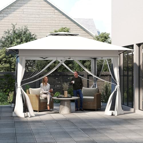 XMTECH 16 m² Pop-Up Gartenpavillon Weiß, Doppeldach, 4 Moskitonetze | UV-Schutz, 3-fach höhenverstellbar, faltbares Garten- und Partyzelt aus 210D Oxford-Gewebe, inkl. Tragetasche