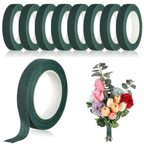 Tyqour 8 rotoli di nastro per fioristi, colore verde, autoadesivo, 12 mm, larghezza 12 mm, per fioristi, per bouquet, fiori fai da te (