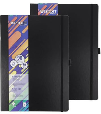 Westcott Notizbuch DIN A4 kariert (2er-Set) | 2 x 192 Seiten im edlen Hardcover-Einband | 80 g/m² nachhaltiges FSC-Mix Papier | mit Innentasche, Lesezeichen, Gummizug und Stifthalter | E-744829 00