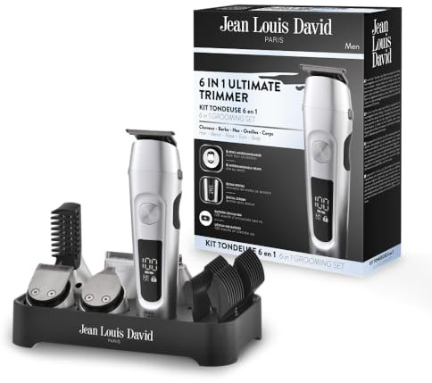 Jean Louis David Bartpflege-Set für Herren, 6-in-1 – Haarschneider, Bart, Nase, Ohren, Körper – Klingen aus Edelstahl – Lithium-Ionen-Akku – Sockel zur Aufbewahrung, USB-Ladegerät – Multifunktionsset