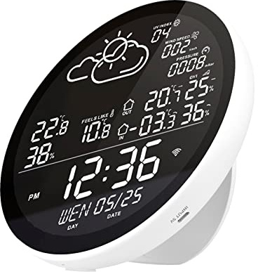 LVIFLOAE WiFI Smart Weather Station mit großem LCD -Bildschirm Takttemperaturfeuchtigkeitsmesser Multifunktionales Wetterfeuchtigkeit Hygrometer mit 3 Sensoren App -Warnungen für (With 1 Auxiliary