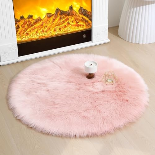 AMFUN Runder Kunstfell Teppich, Faux Lammfell Schaffell Teppich, Super Flauschiger und Weicher, Teppiche Rund für Schlafzimmer, Wohnzimmer, Lounge (Rund, Rosa, 90 x 90 cm)