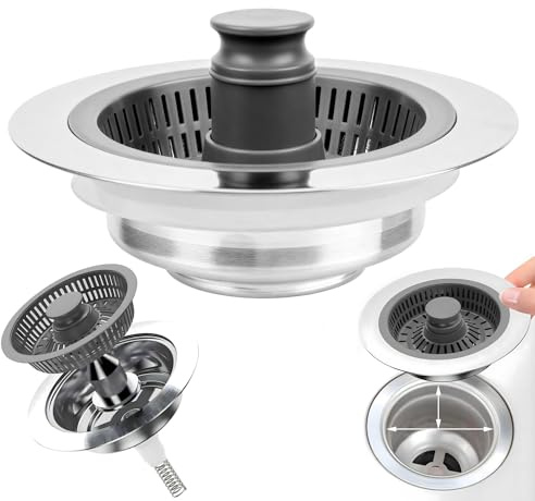 3 in 1 Abflusssieb Küchenspülen, Abflussstopfen Küchenspüle, Edelstahl Abflussfilter für Spülbecken Sieb, Waschbeckenstöpsel mit Sieb Abflussieb für Spülbecken Bohrung 71-85 mm, Tiefe > 40 mm