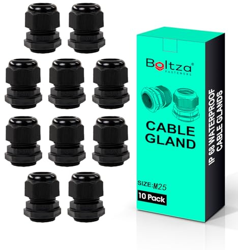 Boltza Black Nylon Cable Gland, IP68 Waterproof, 10 Pack M25 | Cable Connector for Electrical Enclosures, Junction Boxes, Outdoor Use, Conduit Gland