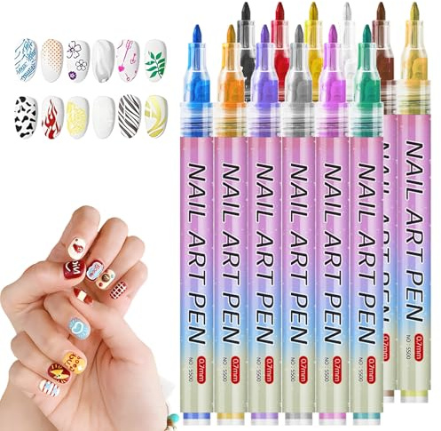 Nail Pens, 12 Colors Graffiti Nail Art Pens, Drawing Waterproof Nail Pens Set, 0.7mm Quick Dry Painting Liner Varnish Brush for Home Salon DIY Nail Art Beauty Adorn Tools