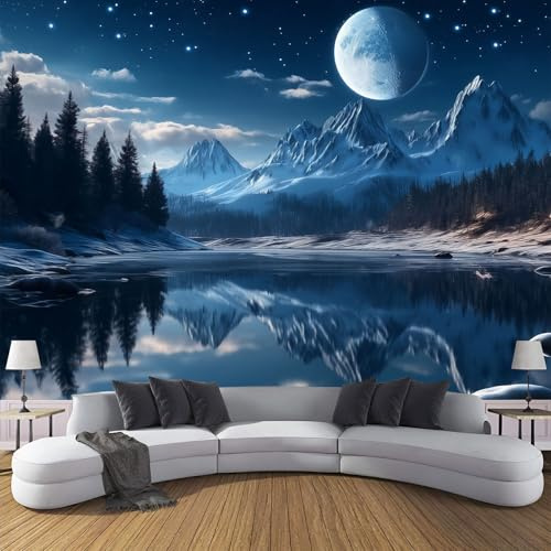 Tapete 3D Fototapete Fantasielandschaft 150 x 105 cm Wandtapete Wandbilder Mond, Sternenhimmel, See Foto Tapeten Wanddekoration Für Wohnzimmer Schlafzimme Tapete Motivtapeten