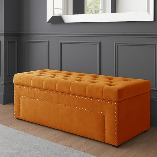 90cm Duke Chesterfield Velvet Storage Ottoman Box - Tufted Upholstered End of Bed Bench -Rectangle Blanket, Shoe Bench with Safety Hinge & Nail Trim for Bedroom, Entryway, Living Room (Burnt Orange)