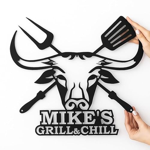 Placa BBQ personalizada de metal con nombre, decoración de pared para barbacoa, Grill & Chill con cabeza de toro para cocina exterior