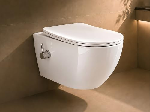 Aqua Bagno Inodoro de ducha con agua fría y caliente | Taharet WC bidet | inodoro colgante sin bordes | inodoro con función de bidé | asiento de inodoro con descenso automático | profundo, 49 × 36 ×