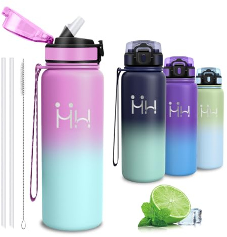 Gourde Isotherme- 750ml- Bouteille Isotherme, sans BPA, Gourde avec Paille | Anti Fuite, Avec une Brosse à Paille, Facile à Transporter, 18/8 Acier Inoxydable, Bouteille d'eau pour Yoga, Voyage
