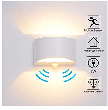 Wandleuchte Bewegungsmelder Innen 7W Warmweiß, LED Wandlampe Innen Up and Down Aluminium Innenleuchte, Nachtlicht Sensor für/Flur/Treppenhaus/Garage/Wohnzimmer