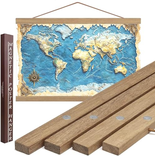 36 Sturdy Magnetic Poster Hanger,Sleek Poster Frame of Teak Wood with Strong Magnets for Safely Hanging Maps Pictures Canvas Scrolls Print Wall Art, Dacri Home (36 Inch, Natural Wood)