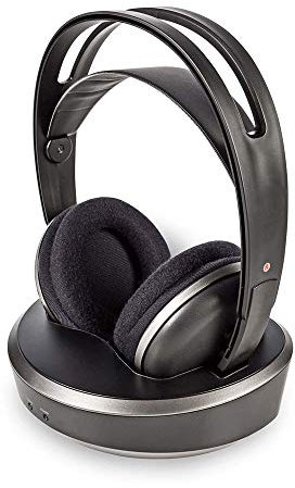 Ex-Pro Wireless TV Headphones, UHF/RF Digital Rechargeable Over-Ear Earphones, 100m Distance Transmitter Charging Dock, Black/Silver