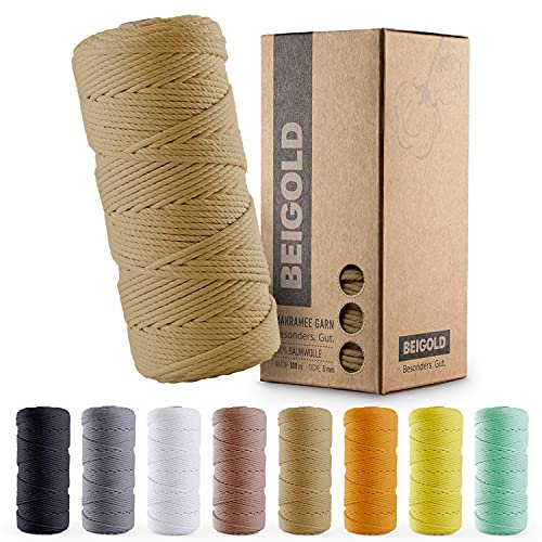 BEIGOLD® Premium Makramee Garn 3mm x 100m - Makramee Honig Gelb - Baumwollgarn Mischgarn zum Knüpfen von Macrame - Rope Garn - Makramee-Garn aus Baumwolle für Kunst DIY Handwerk