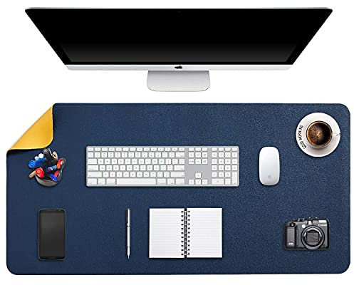 Alfombrilla de Ratón XXL, Mousepad Grande, DOBAOJIA Almohadilla de Escritorio, Vade Escritorio, Tapete de Escritura, Estera Oficina,Uso Doble Cara Cuero PU Impermeable 90 x 43cm (Azul Oscuro/Amarillo)