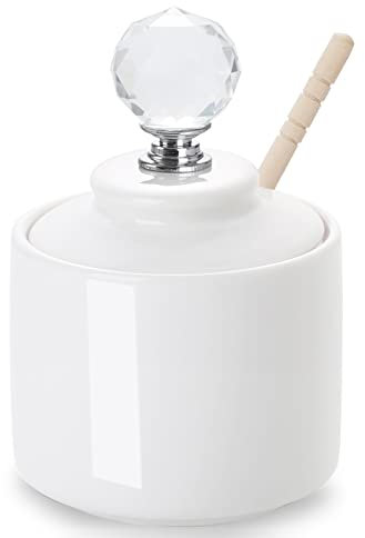 ONTUBE Kleines Porzellan-Honigglas mit Kristalldeckel und Stab, Mini-Keramik-Honigtopf, 237 ml (rund)