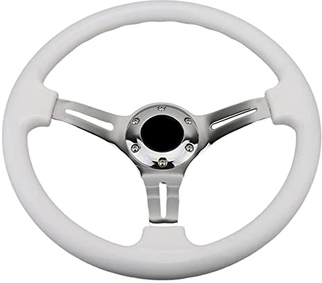 Volante classico bianco da corsa per auto da corsa, raggi argento cromato, 350 mm, volante sportivo in legno, 6 fori, piatto profondo con pulsante clacson